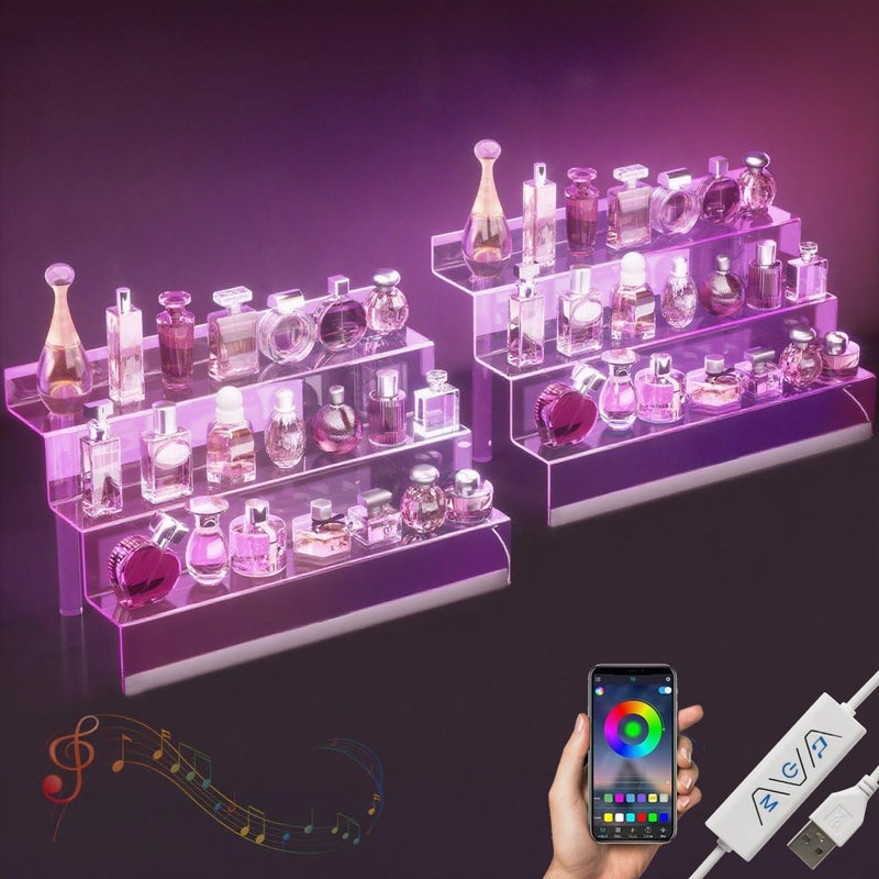 Golener 16” Acrylic Display Organizer with LED Light - 3 Tier Perfume Stand and Display Step Shelves Holder, Cologne Organizer for Men, Figures Stand, Porta Perfumes Para Tocador, Clear Riser, 2 Pack Stands - Image 1